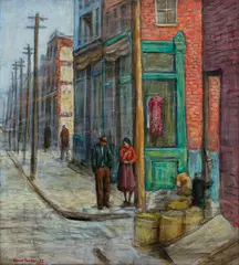 Logan and Clark Streets by Samuel Rosenberg, 1933, oil on masonite panel, offered Jun 2025