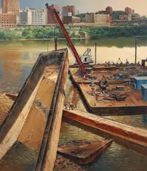 John Carter Shryock, Monongahela River Scene, reclaiming a barge, oil on canvas