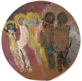Purvis Young, Untitled - 5 Figures, undated, oil on found material (round piece of thick board)