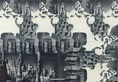 Douglas Cooper, (American/Pittsburgh, contemporary), Surreal Castles, 1984, charcoal on paper, mounted to another