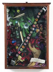 Steve Mendelson, JD55 Assemblage, mixed media with seat belt, text about James Dean and printed