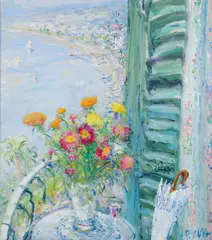 Impressionistic View of French Riviera with Flowers on the Balcony, undated by Duane Alt, oil on canvas, offered Apr 2025