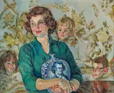 Henry Koerner, Woman, Vase, & Wallpaper (portrait of Mrs. Waisbrot), 1956 or February-March, 1960, oil on canvas