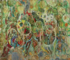 Garden Wall by Watfa Midani, 1965, oil and mixed media on canvas, offered Apr 2025