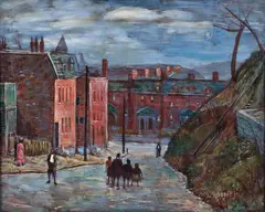 Evening Promenade by Samuel Rosenberg, 1941, oil on Masonite, offered Apr 2025