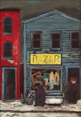 Bazar [likely a scene from the Hill District neighborhood of Pittsburgh] by Harry W. Scheuch, c.1961, oil on artist's board, offered Apr 2025