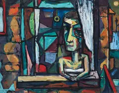 Abstracted Man at Window by Milton Weiss, gouache on paper, offered Apr 2025