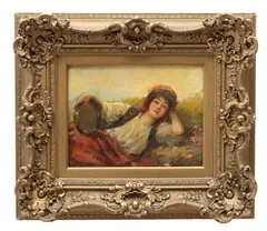 Untitled by Joseph W. Gies, Oil On Artist Board, Late 19th/early 20th C., Reclining Woman With Tambourine, offered Jul 2023