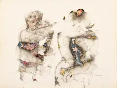 Sakti Burman, ' W 25.5', Watercolor And Ink On Watermarked Wove Paper, Two Women And A Child