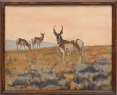 ' W 19.75' by Bernard M. Keyes, Oil On Canvas Board, Pronghorns At Sunset, offered Jun 2023