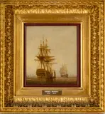 Charles Brooking, ' W 9', Oil On Canvas Mounted To Board, "Man Of War In A Calm"