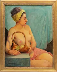 Robert Rukavina, ' W 23', Oil On Canvas, Ca. 1951, Semi-Nude Female With A Basket Of Fruit