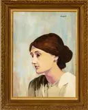 Moses Soyer, ' W 18', Oil On Canvas, Portrait Of A Woman (Blue Background)