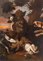 Abraham Hondius, ' W 50', Oil On Canvas, Ca. 18th C., Wild Boar Hunt