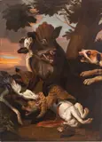 Abraham Hondius, ' W 50', Oil On Canvas, Ca. 18th C., Wild Boar Hunt