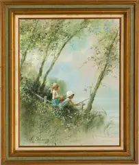 Adolf Sehring, ' W 24', Oil On Canvas, Young Boy And Girl Fishing