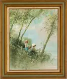 Adolf Sehring, ' W 24', Oil On Canvas, Young Boy And Girl Fishing