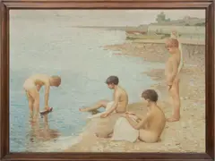 ' W 47' by Benjamin Eggleston, Oil On Masonite, Young Boys At The Beach, offered May 2023