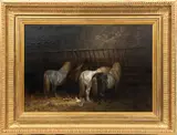 Charles Jacque, ' W 39', Oil On Canvas Horse Stable With Chicken