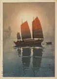 Hiroshi Yoshida, Sailing Boats - Morning, Woodblock Print On Japon Paper