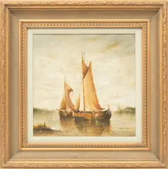 Jean Laurent, ' W 16', Oil On Canvas, 20th C., Dutch Sailboats Moored Off The Coast