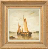 Jean Laurent, ' W 16', Oil On Canvas, 20th C., Dutch Sailboats Moored Off The Coast
