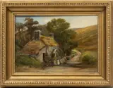 ' W 22' by William Pitt, Oil On Canvas Mounted To Board, Ladies Conversing In Front Of A Thatched Roof Cottage, offered Apr 2023