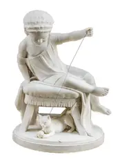 ' L 24'' Depth 20' by Carlo Uboldi, Carved Marble Sculpture, 1878, Young Girl Playing With Kitten, offered Apr 2023
