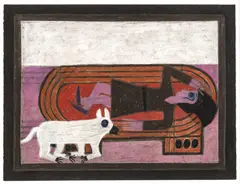 Eddie Arning, ' W 25', Crayon, Oil Pastel And Graphite On Paper Woman With Dog