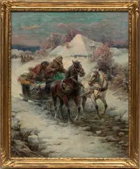 Gustav Prucha, ' W 26.5', Oil On Canvas, C. Late 19th/early 20th C., Couple Riding In A Troika