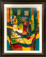 Marcel Mouly, ' W 34', Lithograph On Paper, Still Life With Guitar