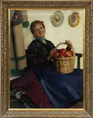 ' W 24' by Emil Pap, Oil On Canvas, Hungarian Beauty With Apples, offered Mar 2023