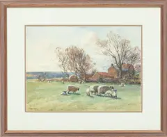 John Atkinson, Untitled, Watercolor Country Landscape With Sheep