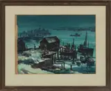 John Hare, ' W 29', Watrecolor On Paper, Wharf Scene