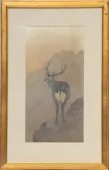 Ohara Koson, ' W 6', Woodblock Print On Paper C. 1900, Deer In The Mountains