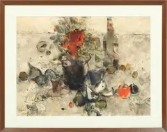 Richard Jerzy, ' W 29', Watercolor On Paper, 1963, Still Life With Wine & Fruit