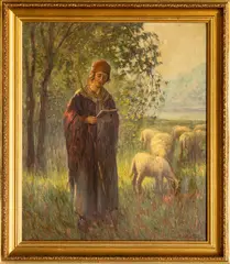 ' W 26' by Charles E. Waltensperger, Oil On Canvas, Shepherdess With Sheep, offered Feb 2023