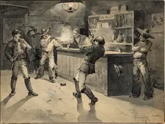 ' W 8' by Charles E. Waltensperger, Watercolor C. 1889, Bar Room Fight, offered Feb 2023