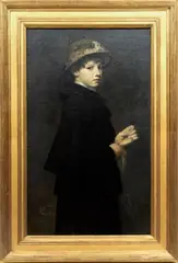 ' W 24' by Edward August Bell, Oil On Canvas, 1883, Portrait Of Woman In Hat, offered Jan 2023
