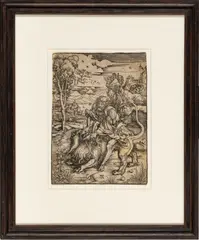 ' W 10.75' by Albrecht Durer, Woodcut Print, C. 1566-1594, Samson Rending The Lion, offered Jan 2023