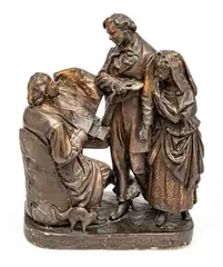 ' W 17' by John Rogers, Patinated Plaster Figural Sculpture, C. 1870s, "Coming To The Parson", offered Dec 2022