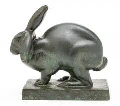 Jane Poupelet, ' W 2.5'' L 4.75', Bronze Sculpture, Crouching Rabbit