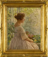 ' W 12' by Joseph W. Gies, Oil On Canvas Board, Lady Seated With Flowers, offered Nov 2022