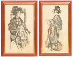Roland Strasser, ' W 10.75', Pair Of Charcoals On Paper, C. 1930, Geisha Girls
