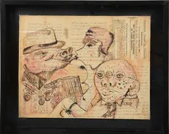 Untitled by George Grosz, 1925-30, WATERCOLOR AND INK ON GERMAN TEXT PAGES, CIRCA, offered May 2022