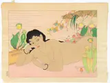 Paul Jacoulet, Untitled, WOODCUT IN COLORS ON HANDMADE PAPER WITH THE ARTIST'S WATERMARK, 1949 H 11 3/4" W 15 1/2" DANS LA NATURE ANGUR