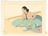Paul Jacoulet, Untitled, WOODCUT IN COLORS ON HANDMADE PAPER WITH THE ARTIST'S WATERMARK, 1937 H 11 3/4" W 15 1/2" SUR LE SABLE. RHULL, YAP