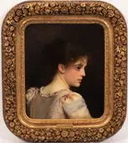 Untitled by Gustave Jean Jacquet, OIL ON CANVAS 1879 H 17 1/2" W 14 1/2" YOUNG BEAUTY IN A SILK DRESS, offered Dec 2020