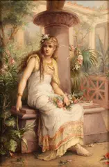 Diana Coomans, Untitled, OIL ON CANVAS 1889 H 12.25 W 8.75 CLASSICAL BEAUTY IN FLOWER GARDEN