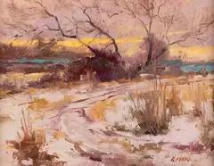 Robert Moore, Winter Sunset, oil on board